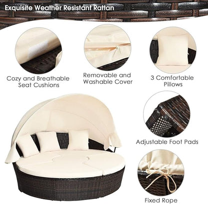 HAPPYGRILL Patio Round Daybed with Canopy, Outdoor Wicker Rattan Sectional Sofa with Coffee Table, Cushions, Patio Conversation Set for Lawn Garden Backyard Poolside