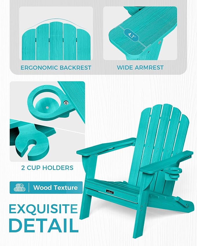 Folding Adirondack Chair, HDPE Adirondack Chair with 2 Cup Holders, Pre-Assembled Outdoor Fire Pit Chairs for Patio - Photo 5