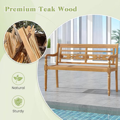 Large Outdoor Wood Bench, 2 Person Natural Teak Wood Bench w/Armrests and Backrest, Wood Garden Bench for Porch, Park, Yard and Patio