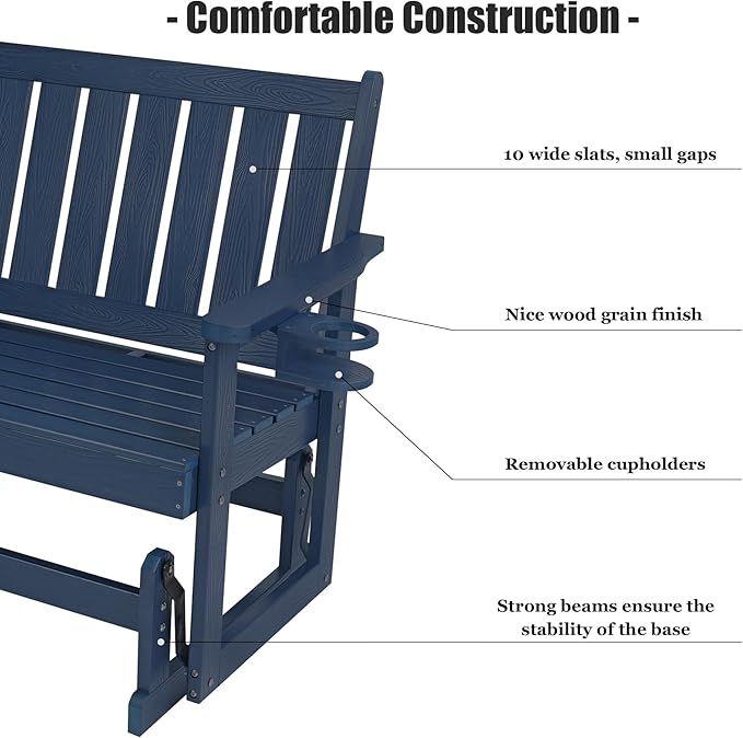 Poly Lumber Patio Glider, Durable HIPS Material, Weather-Resistant Swing Bench for Outdoor Porch Garden (Navy Blue - Photo 5