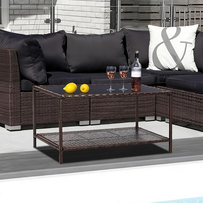 SUNNYPARK Outdoor Rattan Coffee Table 36’’ All-Weather Wicker Patio Side Tables with Glass Top and Storage Shelf Furniture for Living Room Balcony Backyard Poolside