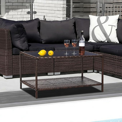 SUNNYPARK Outdoor Rattan Coffee Table 36’’ All-Weather Wicker Patio Side Tables with Glass Top and Storage Shelf Furniture for Living Room Balcony Backyard Poolside