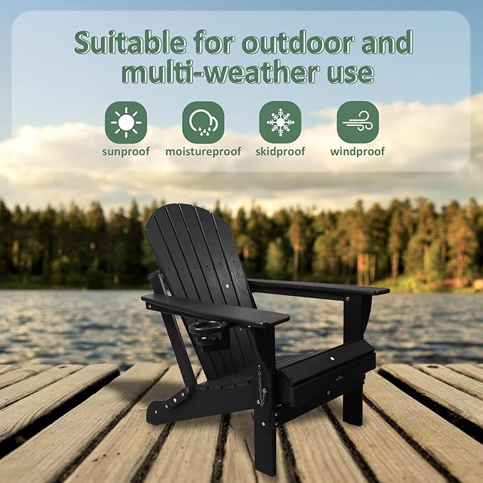 HDPE Folding Adirondack Chair Set of 2 with Cup Holder, 380lbs Modern Adirondack Chair Weather Resistant, Outdoor Patio Chair for Fire Pit, Garden,Backyard,Porch,Pool,Deck,Black