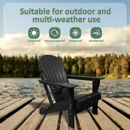 HDPE Folding Adirondack Chair Set of 2 with Cup Holder, 380lbs Modern Adirondack Chair Weather Resistant, Outdoor Patio Chair for Fire Pit, Garden,Backyard,Porch,Pool,Deck,Black