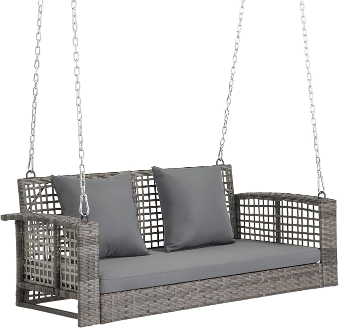 4FT Wicker Porch Swing for 2 Person, 800lb Capacity Outdoor Hanging Bench with Removable Cushions - Photo 1