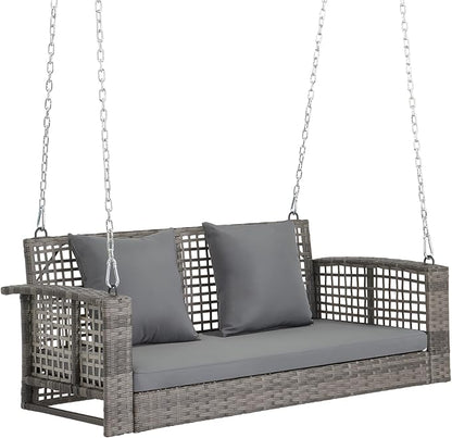 4FT Wicker Porch Swing for 2 Person, 800lb Capacity Outdoor Hanging Bench with Removable Cushions, Handwoven Weather-Resistant PE Rattan for Patio, Garden & Backyard