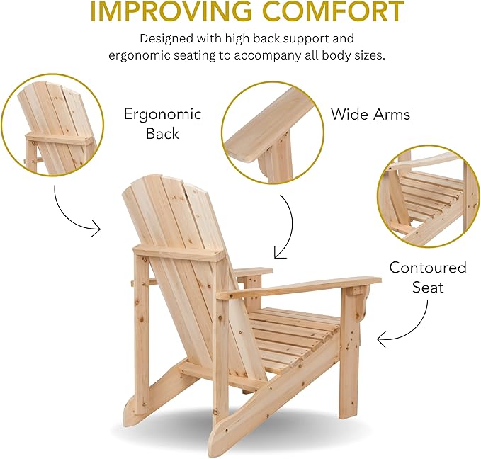 Shine Company Mid-Century Modern Wooden Adirondack Chair, Outdoor Patio Firepit Chairs, Back & Seat Pre-Assembled, Natural