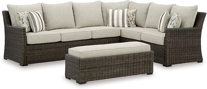 Signature Design by Ashley Brook Ranch Outdoor Sectional, All‑Weather Resin Wicker Patio Furniture With High‑Performance Cushions, Durable Aluminum Frame, Neutral