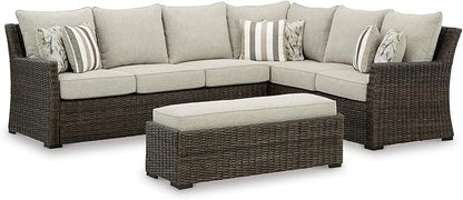 Signature Design by Ashley Brook Ranch Outdoor Sectional, All‑Weather Resin Wicker Patio Furniture With High‑Performance Cushions, Durable Aluminum Frame, Neutral