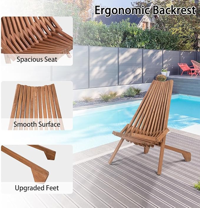 Acacia Wood Folding Adirondack Chair, Low Profile Wooden Outdoor Lounge Chair for Patio Porch Garden Balcony Poolside, Portable Foldable Lawn Chair, Natural