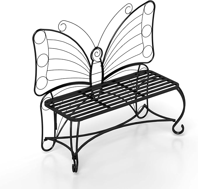 Pink Butterfly Benches Outdoors, Pretty Garden Bench & Cute Metal Outside Bench, Front Porch Benches Outdoor with Sturdy Frame for Lawn Yard Balcony (Black 2)