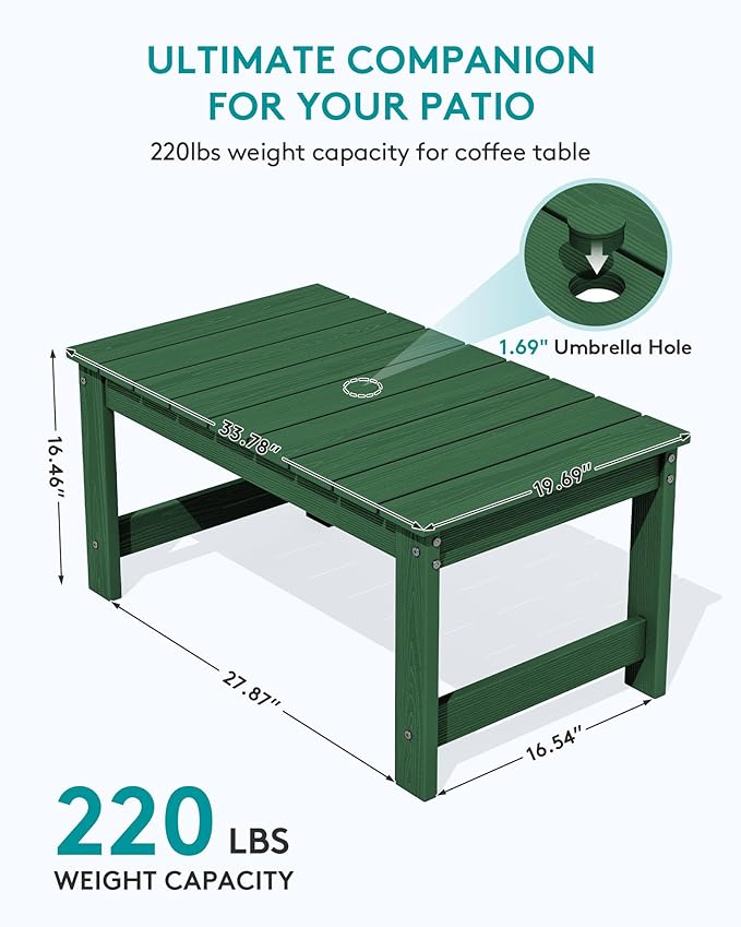 SERWALL Outdoor Coffee Table with 1.69" Umbrella Hole, HDPE Patio Coffee Table for Outside, Rectangle, Green - Photo 3