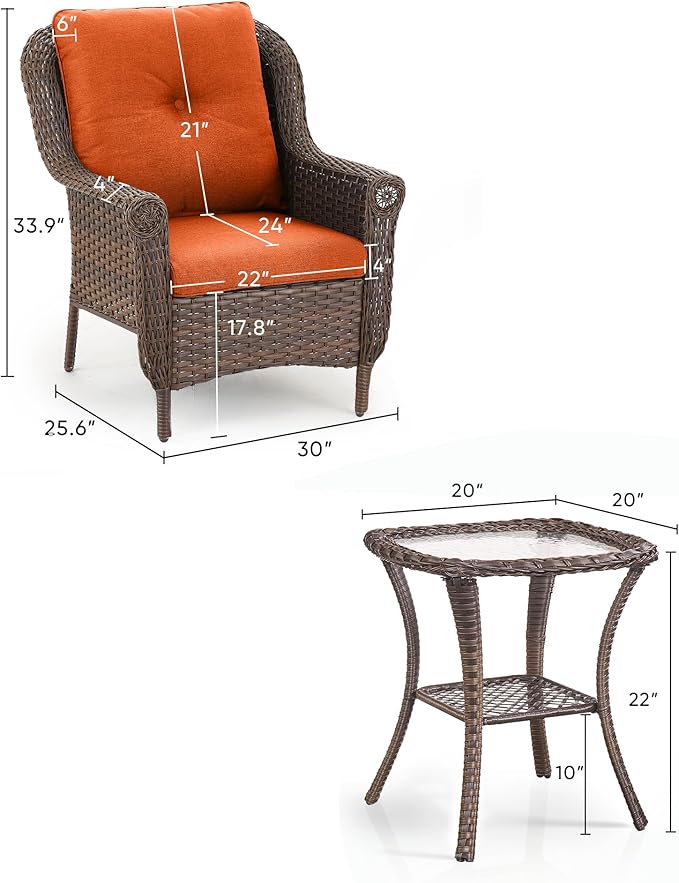 3 Piece Patio Brown Wicker Chairs with Side Table - Outdoor High Back Heavy Duty All-Weather Lawn Dining Rattan Chair - Photo 3