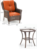 3 Piece Patio Brown Wicker Chairs with Side Table - Outdoor High Back Heavy Duty All-Weather Lawn Dining Rattan Chair - Photo 3