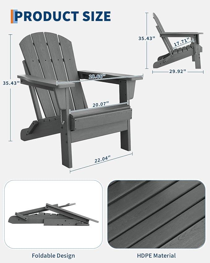 GAOMON Foldable Adirondack Chair (1 Pack), HDPE All-Weather Outdoor Patio Chair, Oversized Lawn Chair for Garden Backyard Poolside, 380 Lbs Capacity, Grey