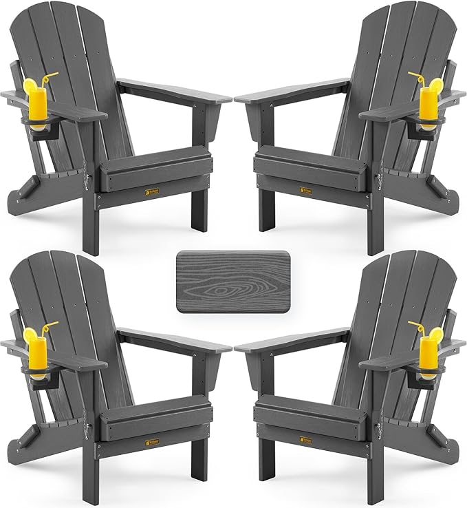 Folding Adirondack Chair, Patio Chair Wood Texture, Outdoor Chair Weather Resistant, Fire Pit Chair with Cup Holder, Composite Adirondack Chair Set of 4 (Grey)
