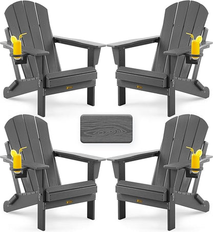 Folding Adirondack Chair, Patio Chair Wood Texture, Outdoor Chair Weather Resistant, Fire Pit Chair with Cup Holder, Composite Adirondack Chair Set of 4 (Grey)