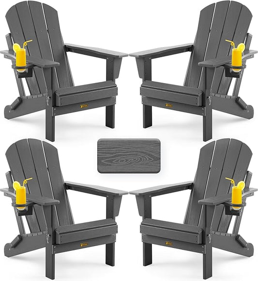 Folding Adirondack Chair, Patio Chair Wood Texture, Outdoor Chair Weather Resistant, Fire Pit Chair with Cup Holder, Composite Adirondack Chair Set of 4 (Grey)