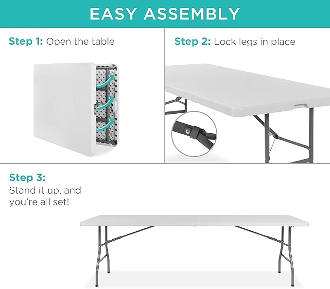 Best Choice Products 8ft Plastic Folding Table, Indoor Outdoor Heavy Duty Portable w/Handle, Lock for Picnic, Party - Photo 7