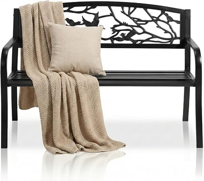 VINGLI 50" Outdoor Bench with PVC Magpie Backrest, Black Metal Patio Bench, Heavy-Duty Iron Garden Benches for Yard, Lawn, Porch, Pathway