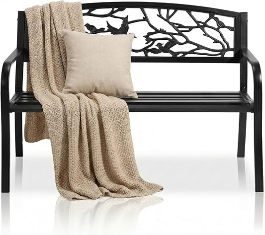 VINGLI 50" Outdoor Bench with PVC Magpie Backrest, Black Metal Patio Bench, Heavy-Duty Iron Garden Benches for Yard, Lawn, Porch, Pathway