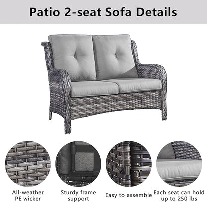 Belord 6 Pieces Patio Furniture Set Outdoor Wicker Furniture, 2 Patio Wicker Chairs with 1 Loveseat Sofa, Coffee Table and Ottomans, Patio Conversation Set for Porch Garden Deck Balcony Poolside