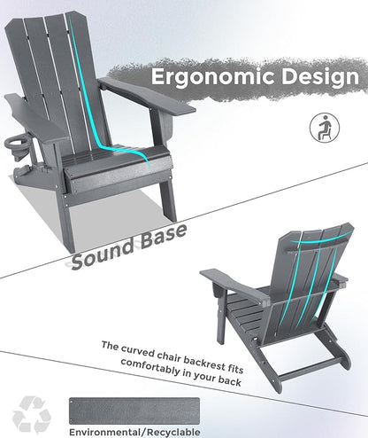 Adirondack Chair Oversized Folding Adirondack Chairs Recyclable HDPE Modern Adirondack Chair with Cup Holder Poly Lumber Patio Chairs for Pool Patio Garden Outdoors Fire Pit Grey