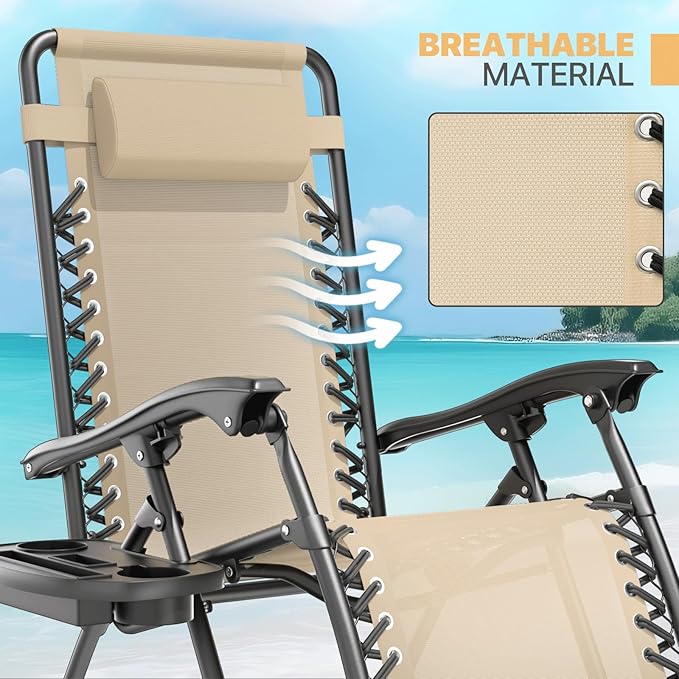 Magshion Zero Gravity Lounge Chairs Set of 2, Outdoor Patio Reclining Chair with Side Tray, Adjustable Anti-Gravity Recliners with Pillow Headrest, Folding Lounger for Lawn Camping Beach, Cream