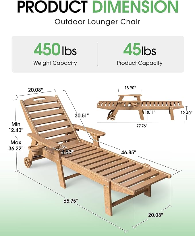 Chaise Lounge Outdoor, Lounge Chair Outdoor with Wood Texture, Adjustable 5-Position Backrest - Photo 2