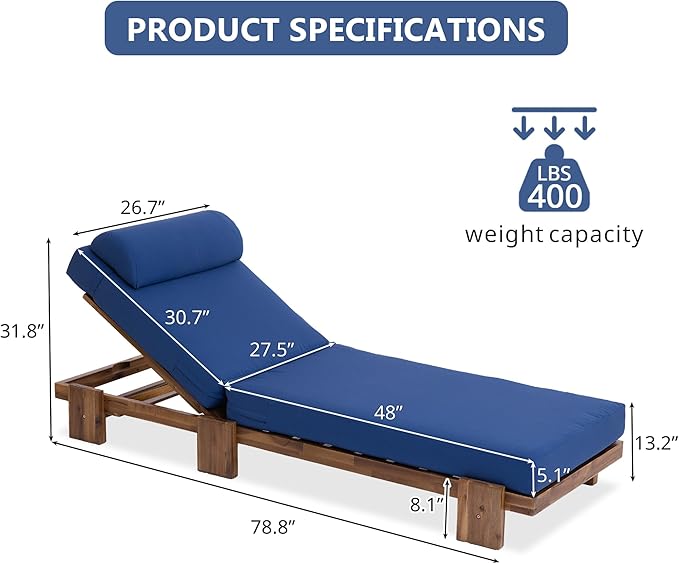 78.8'' Outdoor Patio Chaise Lounge Chair, Acacia Wood Adjustable Recliner with Headrest, Perfect for Terrace, Poolside - Photo 2