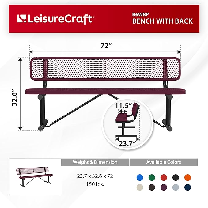 Leisure Craft Metal Outdoor Bench with Back - 6 Foot Heavy Duty Bench Seating for Garden, Porch, Picnic, Park, Expanded Metal, Thermoplastic Coating, Commercial Grade Furniture Made in USA - Burgundy