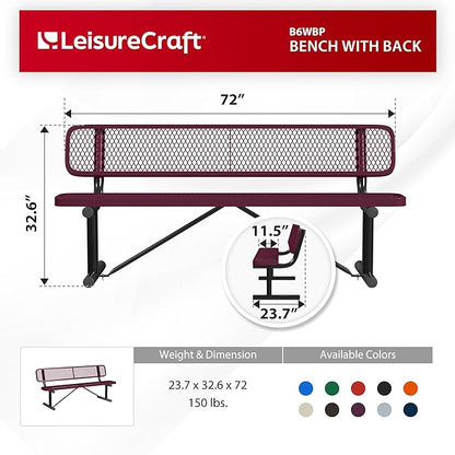 Leisure Craft Metal Outdoor Bench with Back - 6 Foot Heavy Duty Bench Seating for Garden, Porch, Picnic, Park, Expanded Metal, Thermoplastic Coating, Commercial Grade Furniture Made in USA - Burgundy