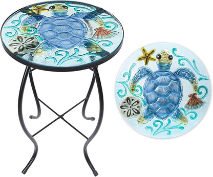 VCUTEKA Patio Side Table Outdoor Accent Table Small Mosaic Table Coffee Table End Table Porch Table Indoor Outdoor Round Glass Balcony Bistro Plant Stands Blue Transparent Turtle 14 inches