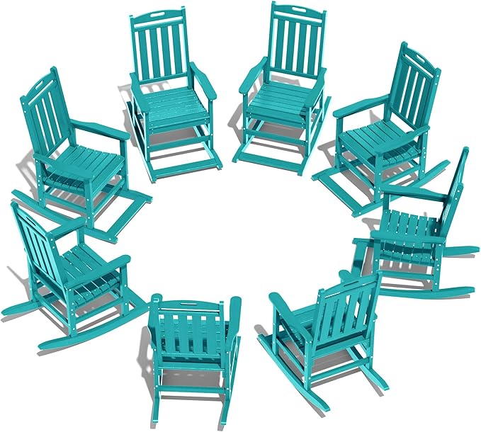 LOUNZY Outdoor Rocking Chair with Footboards Set of 8, HDPE Rocking Chair Patio Porch Rocker with 380lbs Support for Adult, Aruba