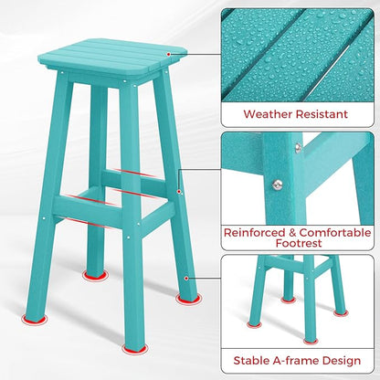 Costaelm 29" Height Outdoor Bar Stools, All-Weather Bar Stools, Adirondack Poly Patio Square Bar Stool for Patio, Deck, Kitchen Counter and Garden, Turquoise
