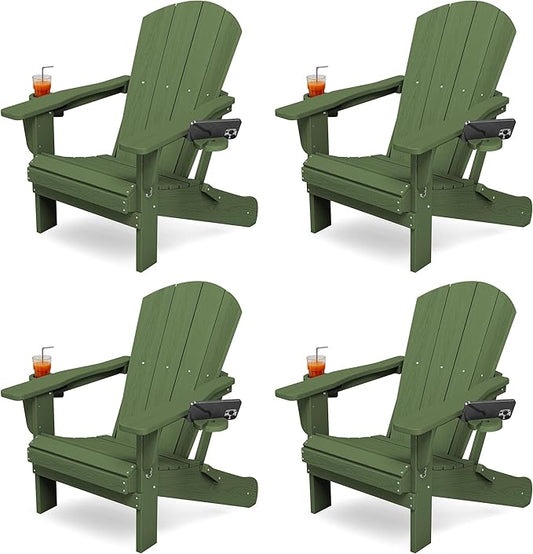 KINGYES Folding Adirondack Chair Set of 4, Dual Cup Holders & All-Weather HDPE, Wood-Like Patio Chair for Backyard, Camping, Pool & Fire Pit, Avocado Green