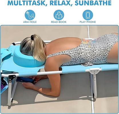 Tanning Chair with Sun Canopy Face Hole Softer Padded Adjustable Washable, Heavy Duty Layout Folding Lounge Chair for Adults Outside Beach Reading Sunbathing Poolside Lawn, UPF 50+ Sun Shade, 300 LBS