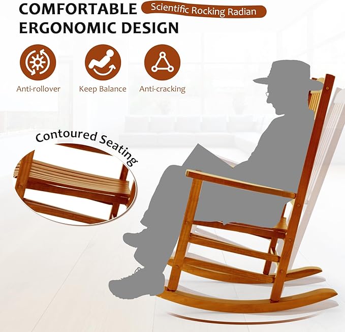 Wooden Oversized Porch Rocker Chair with High Back and Armrest, All Weather Slatted Rocker for Backyard, Garden, 400 lbs Support, Natural