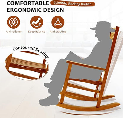 Wooden Oversized Porch Rocker Chair with High Back and Armrest, All Weather Slatted Rocker for Backyard, Garden, 400 lbs Support, Natural