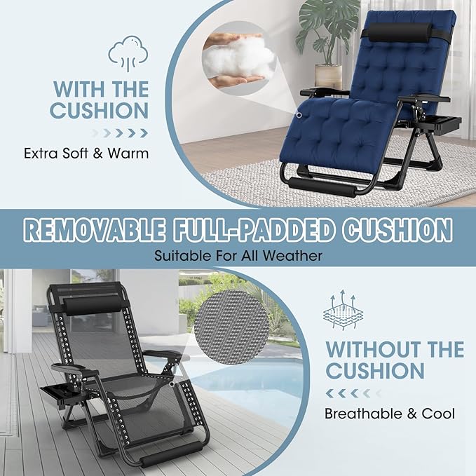 Oversized Zero Gravity Chair, XXL Lounge Chair 33” Width, Padded Recliner Chair W/Removable Cushion & Adj Headrest - Photo 6