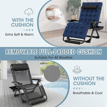 Oversized Zero Gravity Chair, XXL Lounge Chair 33” Width, Padded Recliner Chair W/Removable Cushion & Adj Headrest, Storage Bag, Footrest Cushion, Cup Holder, for Indoor Outdoor
