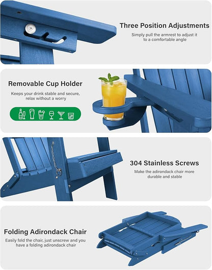 YEFU Folding Adirondack Chair for Outdoor: Plastic Foldable Fire Pit Chair with Cup Holder & Adjustable Backrest - Sturdy All-Weather HDPE for Outside Patio Poolside - Easy Assembly
