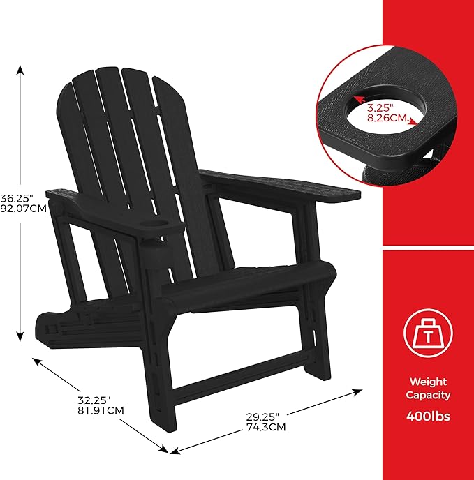 Costaelm Tool-Free Assembly Outdoor Patio HDPE Plastic Adirondack Chair with Cup Holder, Black