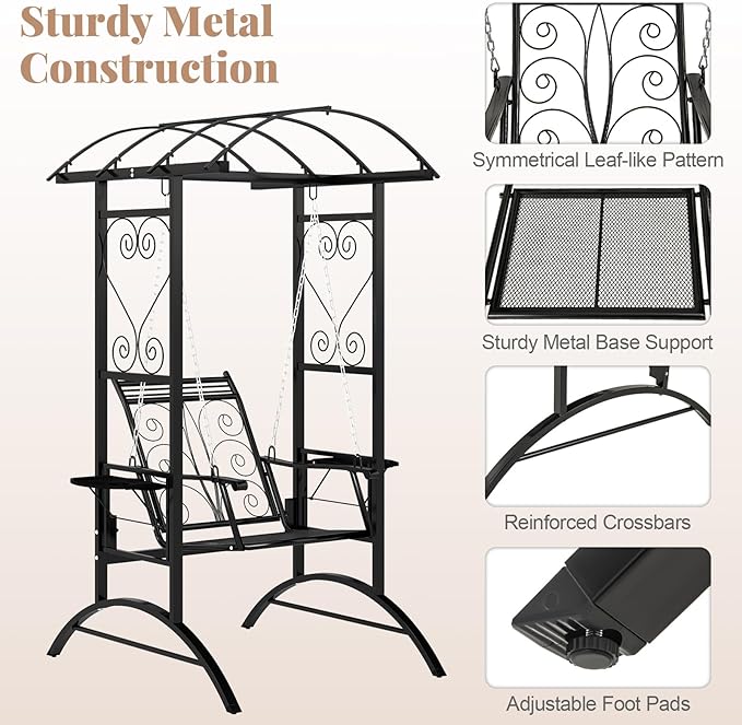 Tangkula Porch Swing with Stand, Outdoor Patio Swing with Heavy-Duty Metal Frame, Arch Trellis, Removable Cushions, Side Tables, Armrests for Garden, Balcony, Backyard and Poolside