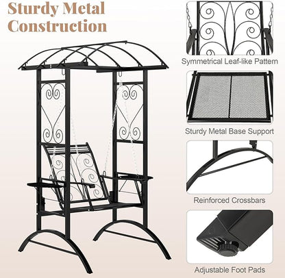 Tangkula Porch Swing with Stand, Outdoor Patio Swing with Heavy-Duty Metal Frame, Arch Trellis, Removable Cushions, Side Tables, Armrests for Garden, Balcony, Backyard and Poolside