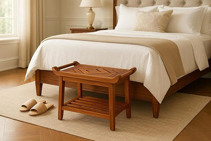 Luxury Teak Shower Bench Stool Seat Chair with Leveling Feet, Waterproof, Teak Oil Finish, Large, 25x19x14, for Bathroom, Spa, Sauna, Pool Deck, Patio, Garden, RV, from Our Diamond Collection