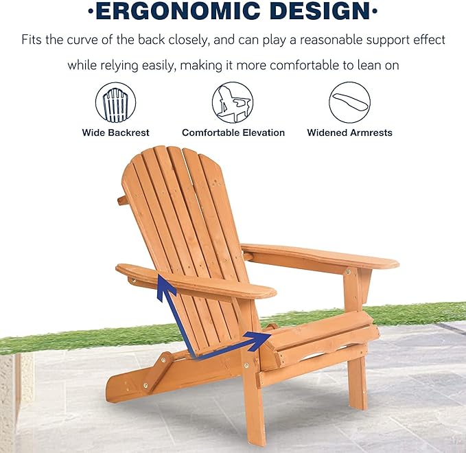 Folding Adirondack Chair Outdoor Patio Chairs Weather Resistant Lounger Chair Lawn Chair with Arms Wooden Accent Furniture for Patio Deck Garden Backyard Deck 1 Pieces Natural