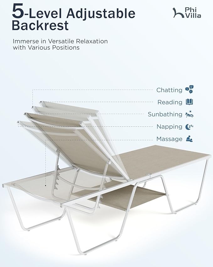 PHI VILLA 78" Oversized Outdoor Chaise Lounge Chair Set of 2, 27" Extra Wide Foldable, 5-Position Adjustable, UV50+ Textilene Mesh, Rust-Proof Frame, Khaki Beige