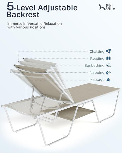 PHI VILLA 78" Oversized Outdoor Chaise Lounge Chair, 27" Extra Wide Foldable, 5-Position Adjustable, UV50+ Textilene Mesh, Rust-Proof Frame, Khaki Beige