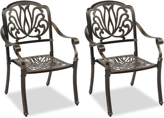 VINGLI Patio Chairs Set of 2, All-Weather Cast Aluminum Outdoor Dining Chairs, Metal Armchairs for Poolside, Backyard, Balcony (2, Elizabeth Back Without Cushion)